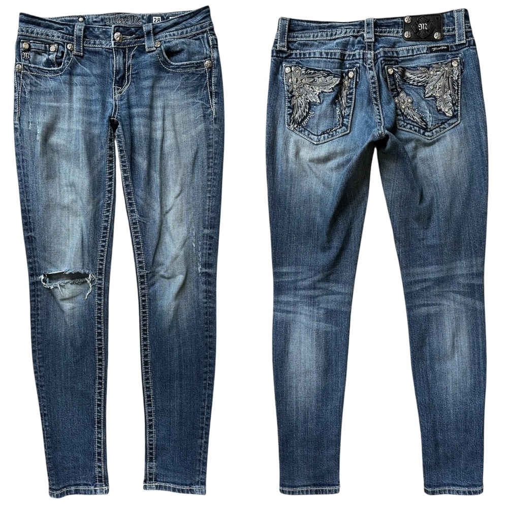 Miss Me Low Rise Contrast Stitch Studded Faded McBling Skinny Jeans Size 28